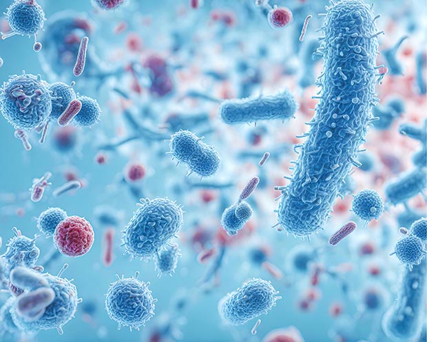 Blue and red illustration of microscopic bacteria.